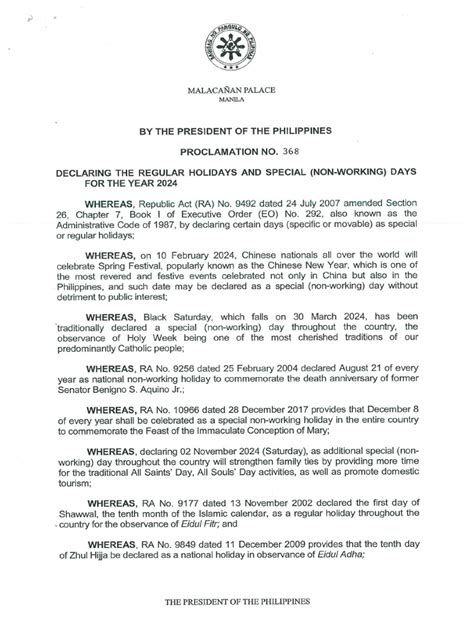 holiday declaration april 2024|Proclamation No. 368: Declaring the Regular Holidays and .